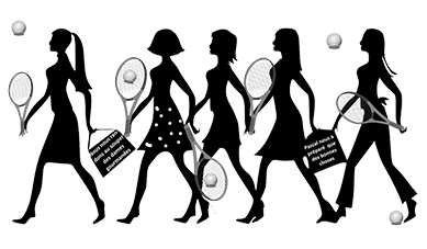 silhouettes de 5 dames avec raquettes et balles