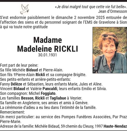 Annonce Madeleine Rickli