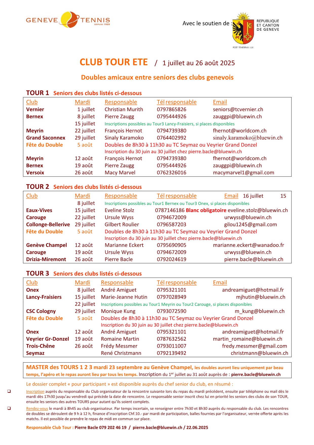 Dates et lieux du club tour